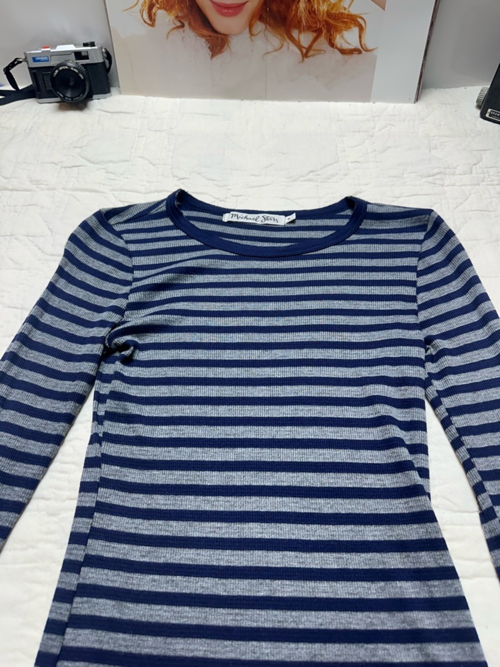 Y2K Michael Stars Stripe Knit Tee | Navy Gray Fitted Minimalist Long Sleeve - Picture 3 of 11